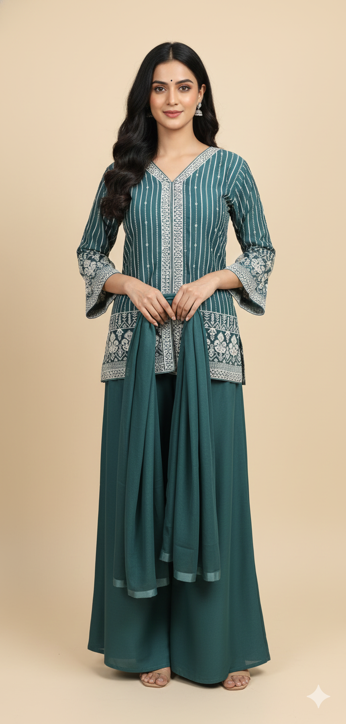 Teal or Deep Turquoise Blue Chinon Zircon & Thread Work Co-ord Set (Short Kurta & Palazzo) Peacock Blue