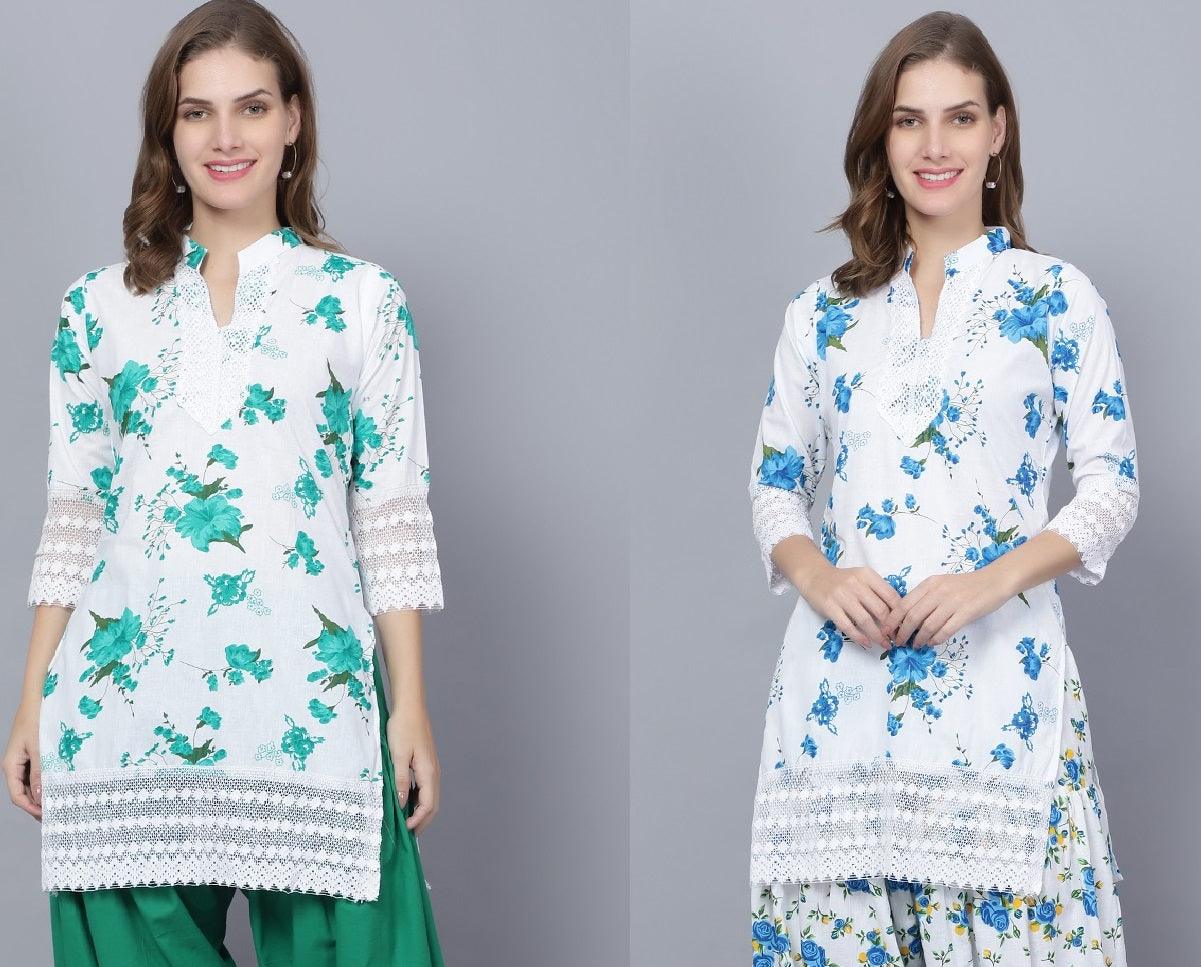 Pack of 2 Set Women Floral Print Cotton Blend Straight Kurta (Green, Blue) XXXL
