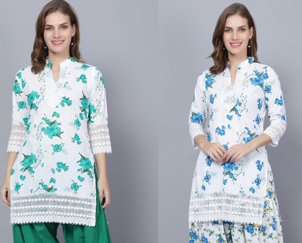 Pack of 2 Set Women Floral Print Cotton Blend Straight Kurta (Green, Blue) XXXL