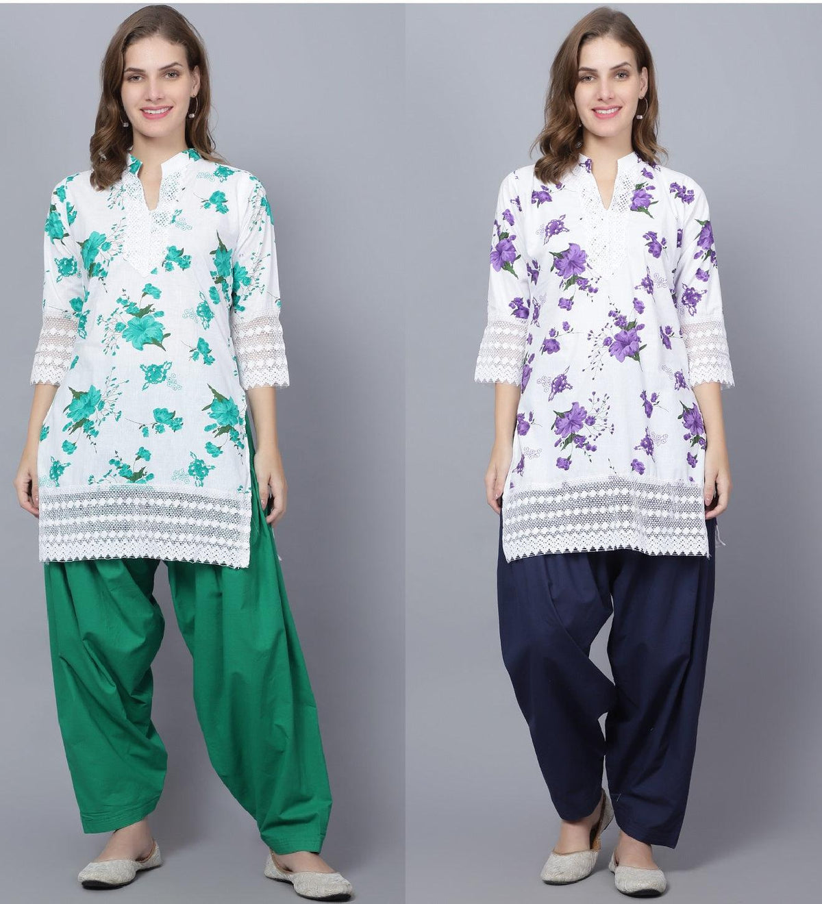 Pack of 2 Set Women Floral Print Cotton Blend Straight Kurta (Green, Purple) XXXL