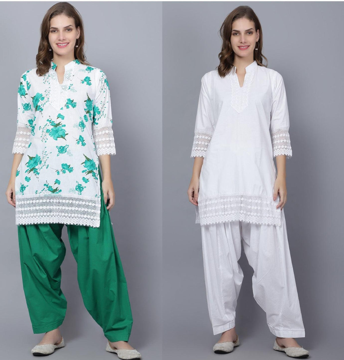 Pack of 2 Women Floral Print Cotton Blend Straight Kurta (Green, White) XXXL