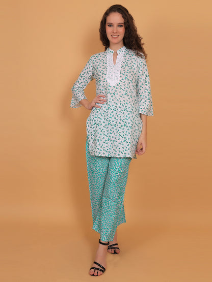 Trendzmy Women White & Green Floral Printed Cotton Kurta with Green Printed Palazzo & Side Pocket