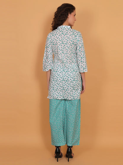 Trendzmy Women White & Green Floral Printed Cotton Kurta with Green Printed Palazzo & Side Pocket