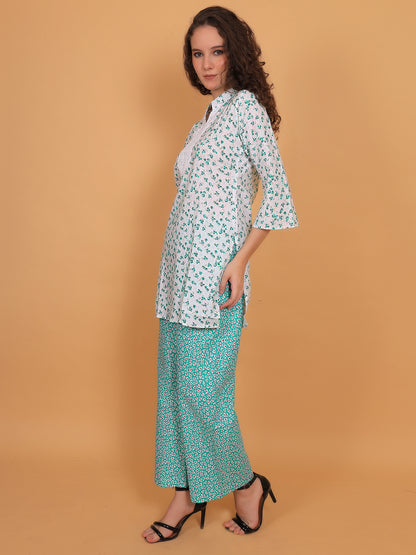Trendzmy Women White & Green Floral Printed Cotton Kurta with Green Printed Palazzo & Side Pocket