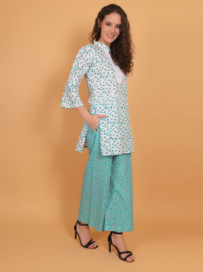 Trendzmy Women White & Green Floral Printed Cotton Kurta with Green Printed Palazzo & Side Pocket