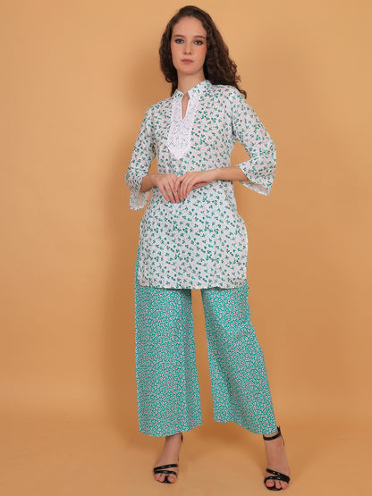 Trendzmy Women White & Green Floral Printed Cotton Kurta with Green Printed Palazzo & Side Pocket