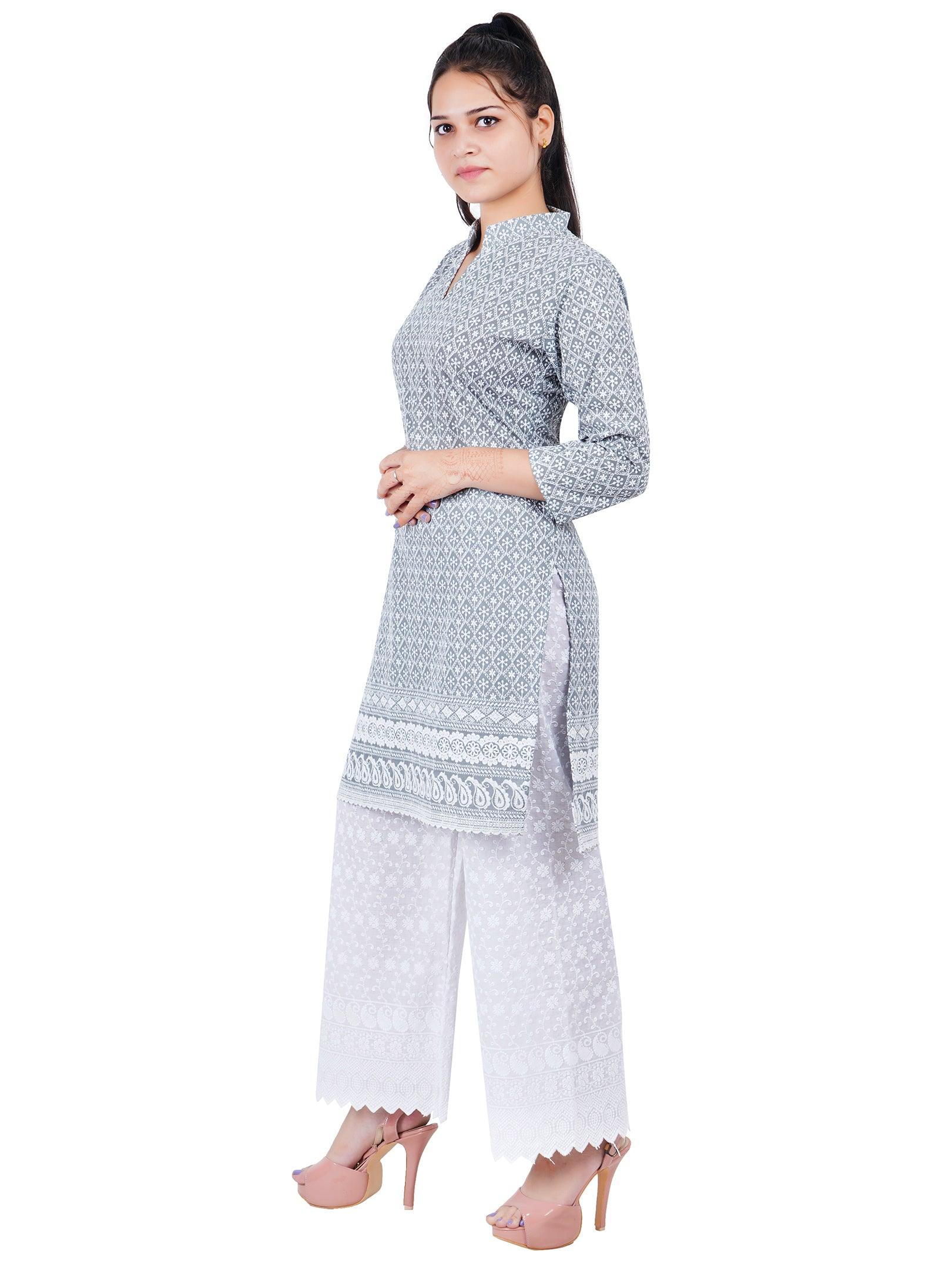 Women Grey Chicken Embroidered Straight Kurta