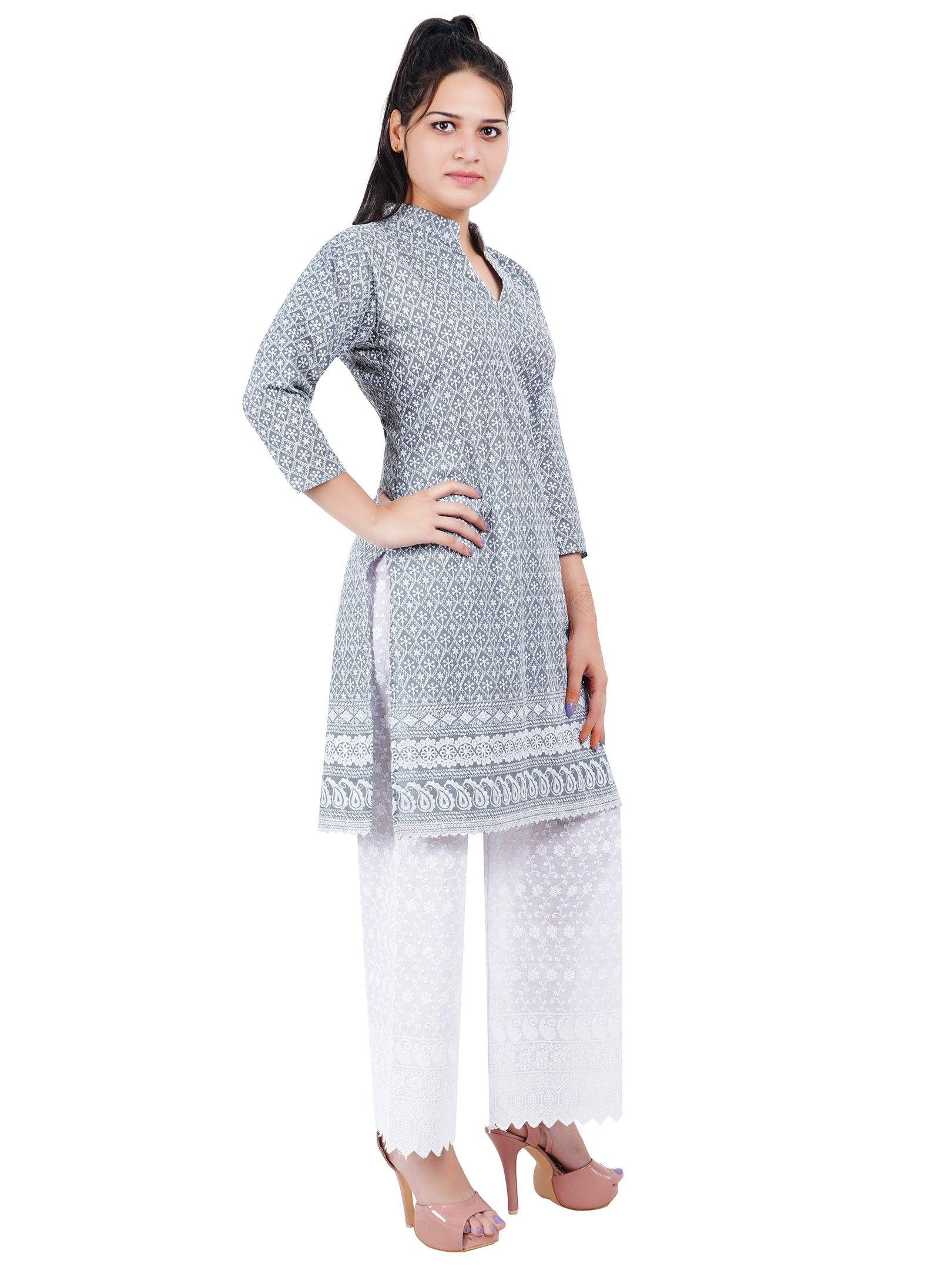 Women Grey Chicken Embroidered Straight Kurta