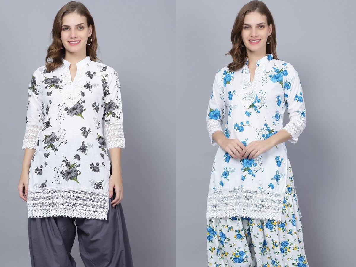Pack of 2 Women Floral Print Cotton Blend Straight Kurta (Grey, Blue) XXXL