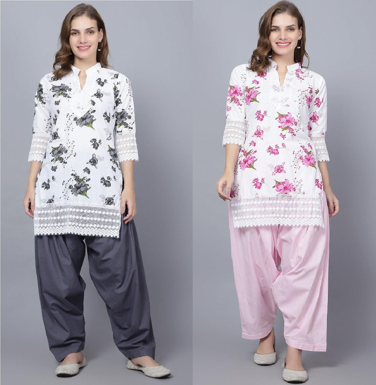 Pack of 2 Women Floral Print Cotton Blend Straight Kurta (Grey, Pink) XXXL