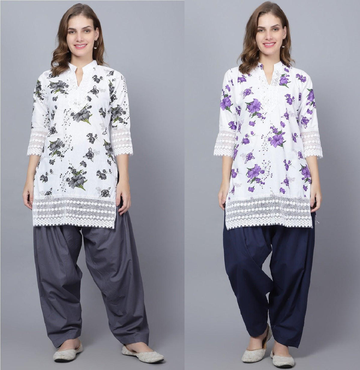 Pack of 2 Set Women Floral Print Cotton Blend Straight Kurta (Grey, Purple) XXXL