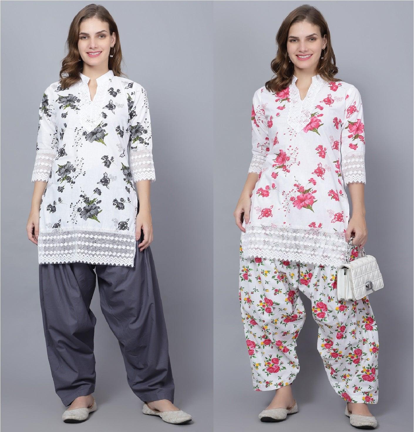 Pack of 2 Women Floral Print Cotton Blend Straight Kurta (Grey, Red) XXXL