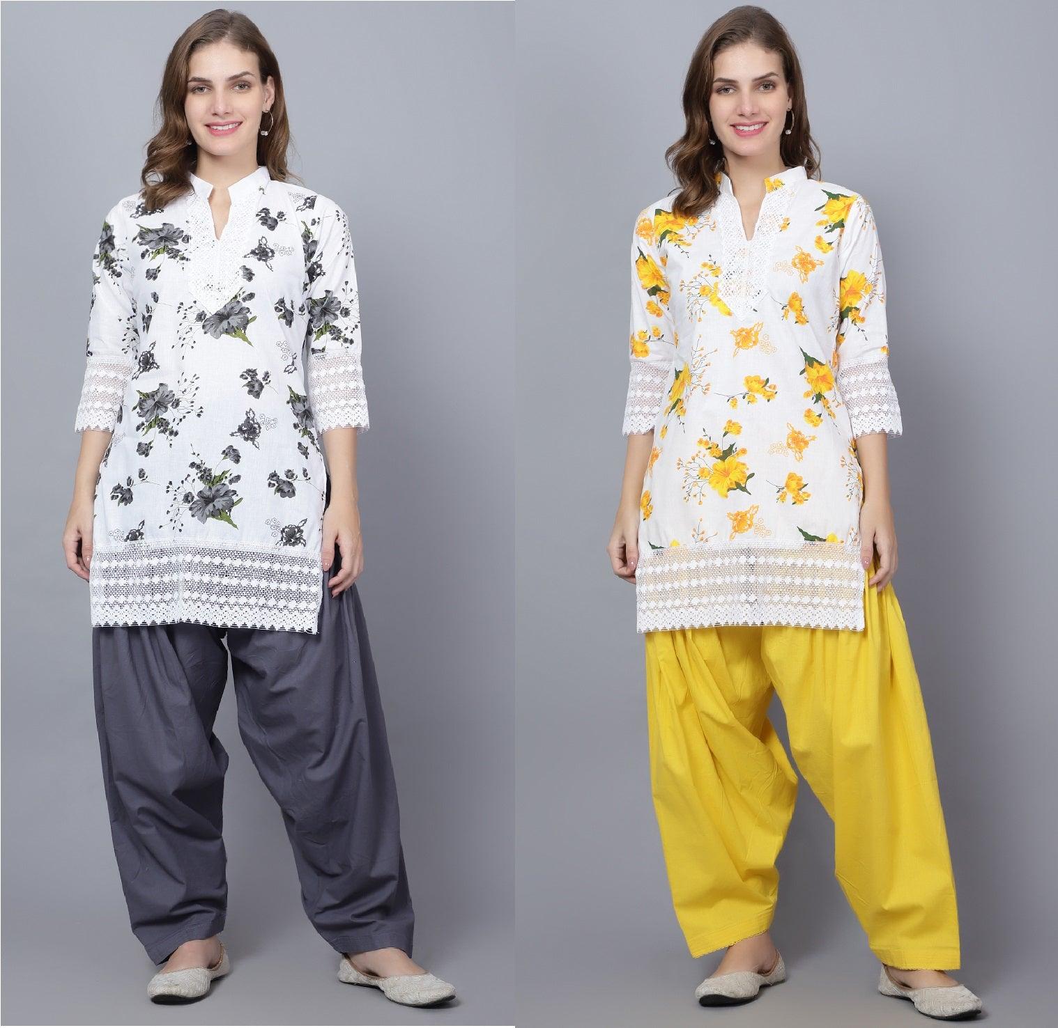 Pack of 2 Women Floral Print Cotton Blend Straight Kurta (Grey, Yellow) XXXL