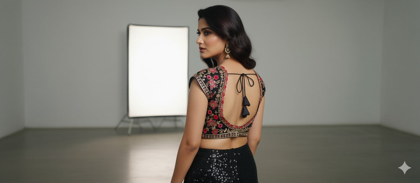 Trendzmy Black Embroidered Sequin Blouse with Deep Sweetheart Neckline