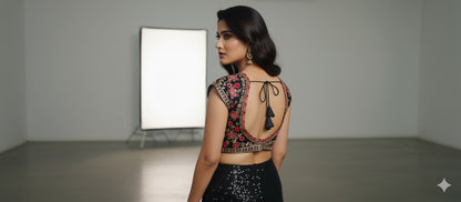 Trendzmy Black Embroidered Sequin Blouse with Deep Sweetheart Neckline