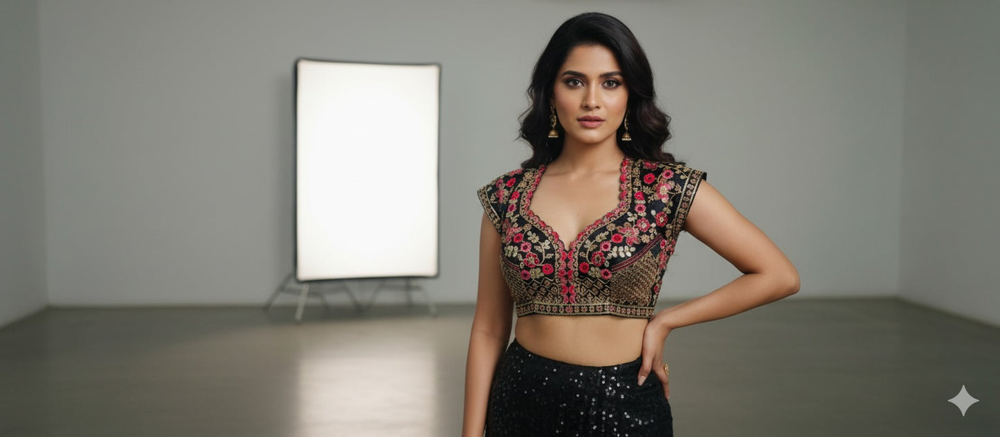 Trendzmy Black Embroidered Sequin Blouse with Deep Sweetheart Neckline