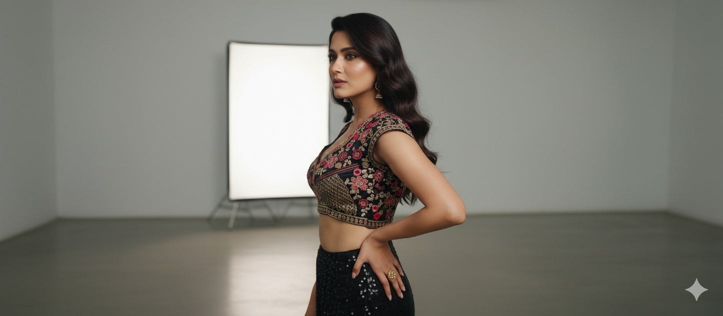 Trendzmy Black Embroidered Sequin Blouse with Deep Sweetheart Neckline