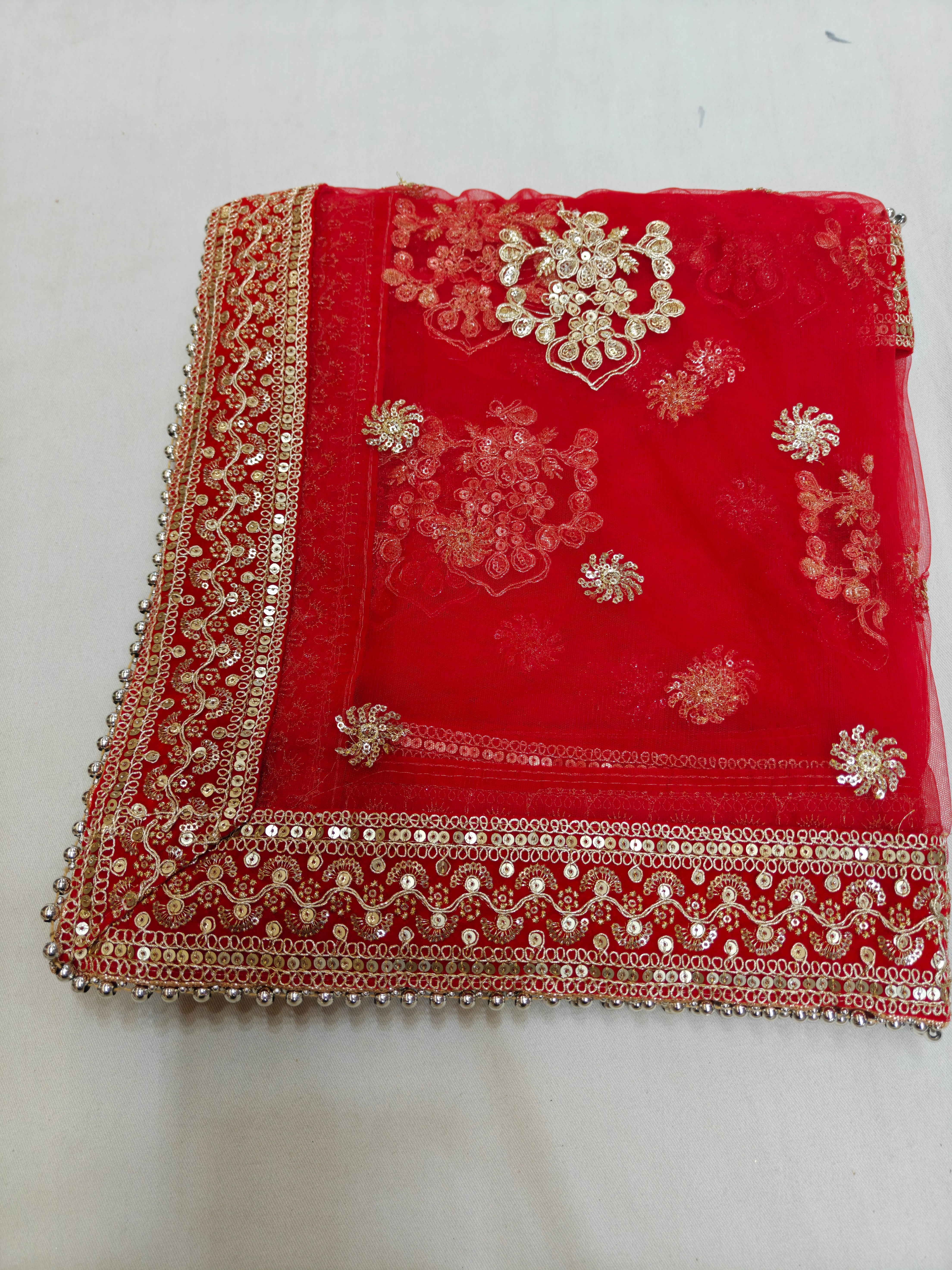Royal Red Heavy Net Bridal Dupatta with Velvet Zari & Sequin Border
