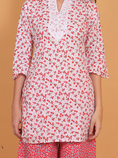 Trendzmy Women White & Red Floral Printed Cotton Kurta with Red Printed Palazzo & Side Pocket