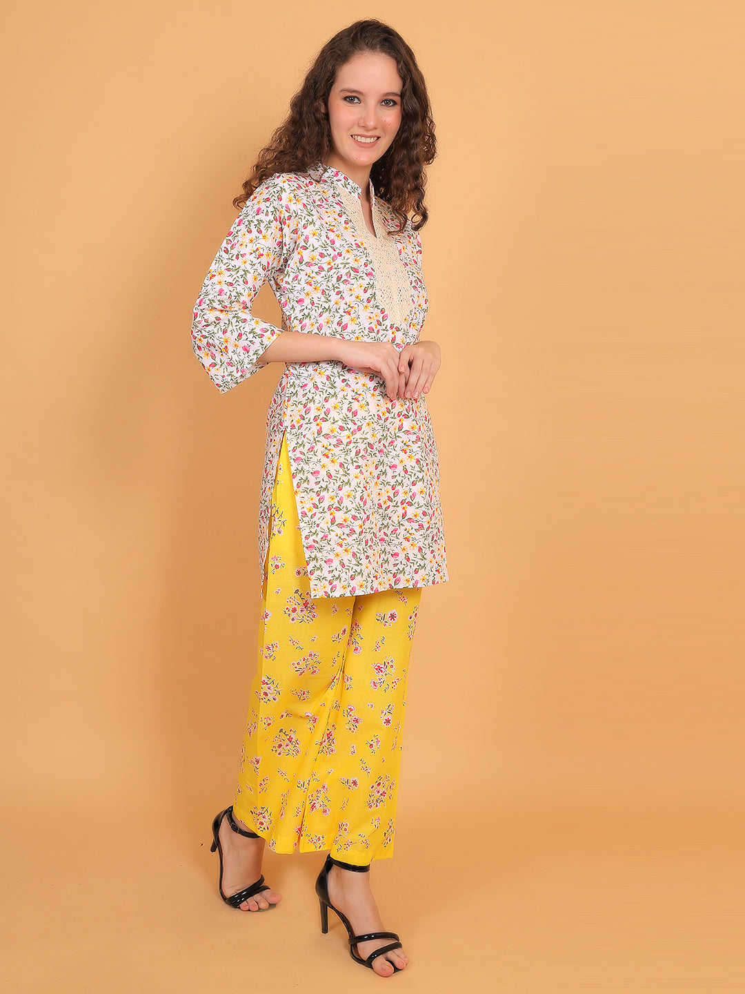 Women Multi Floral Printed Cotton Kurta with Yellow Printed Palazzo & Side Pocket