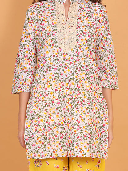 Trendzmy Women Multi Floral Printed Cotton Kurta with Yellow Printed Palazzo & Side Pocket