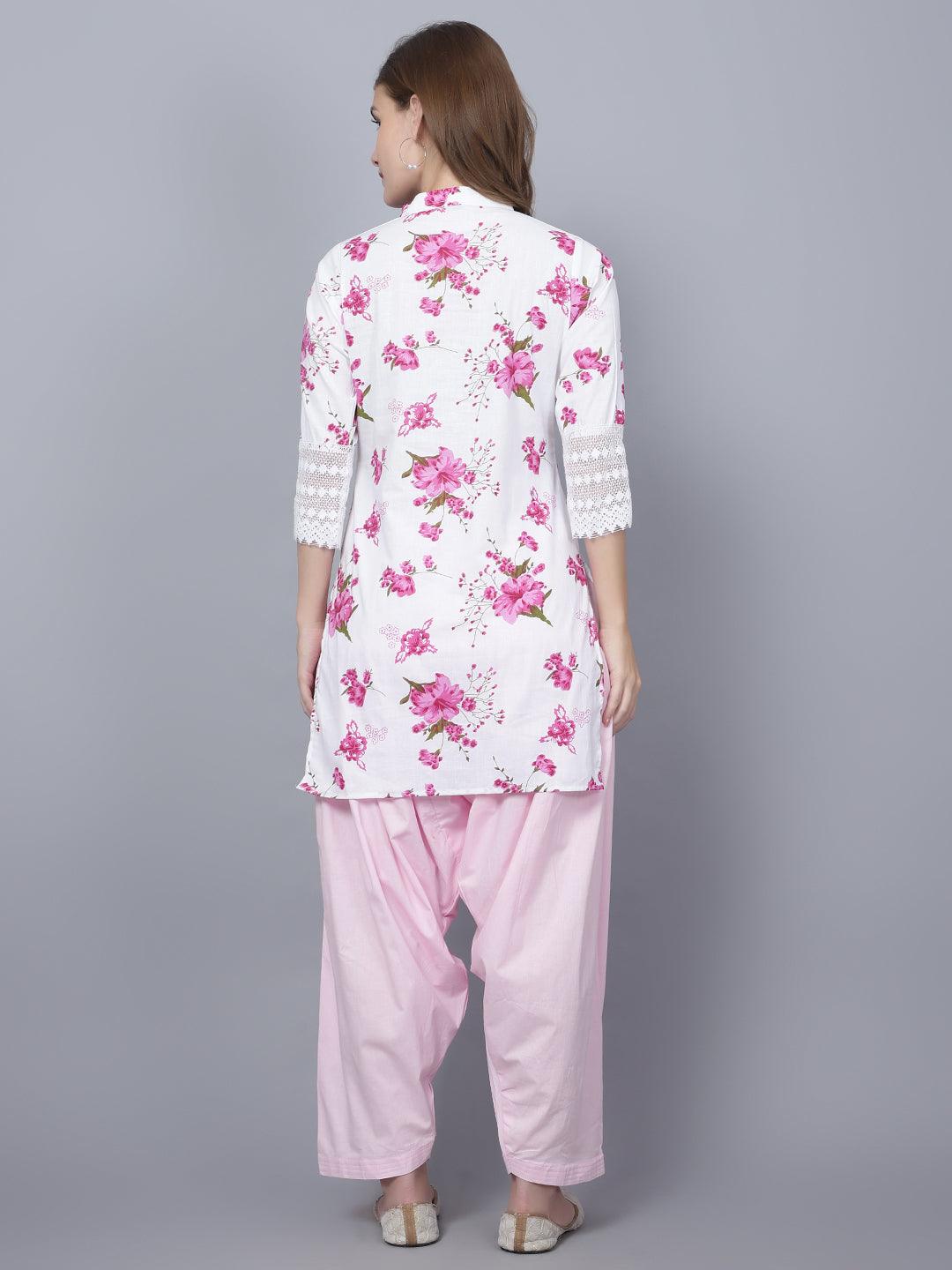 Indian Women Apple Cut Pink Floral Print Pure Cotton Straight Kurta