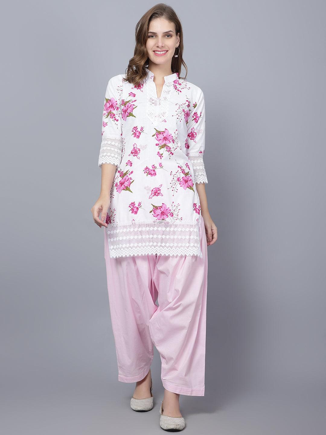 Indian Women Apple Cut Pink Floral Print Pure Cotton Straight Kurta
