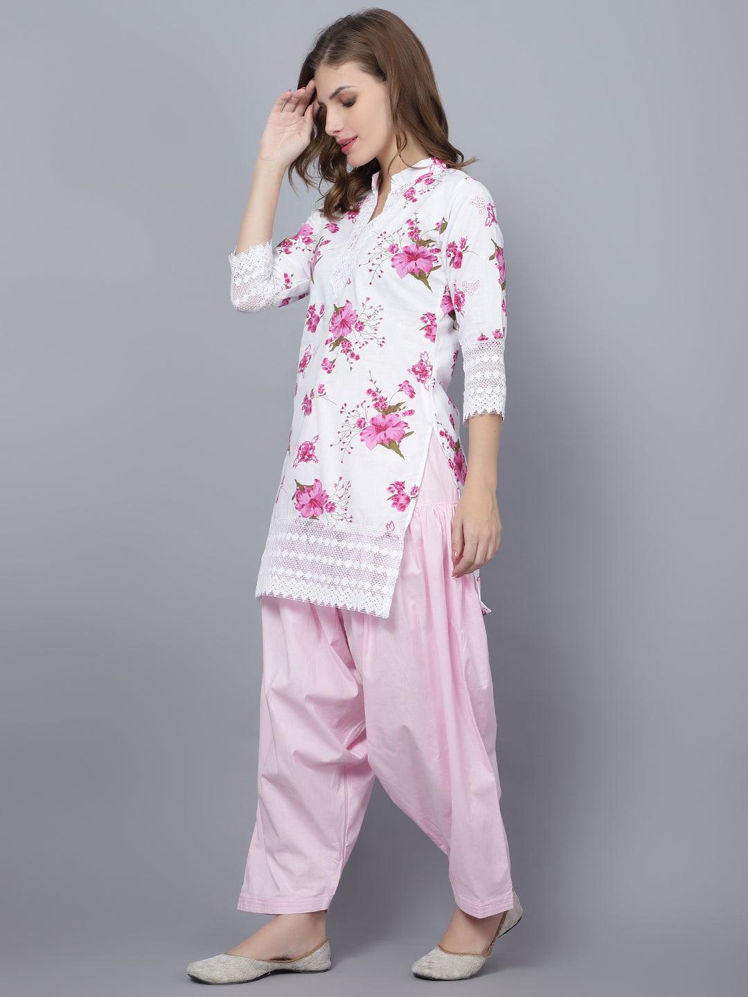 Indian Women Apple Cut Pink Floral Print Pure Cotton Straight Kurta