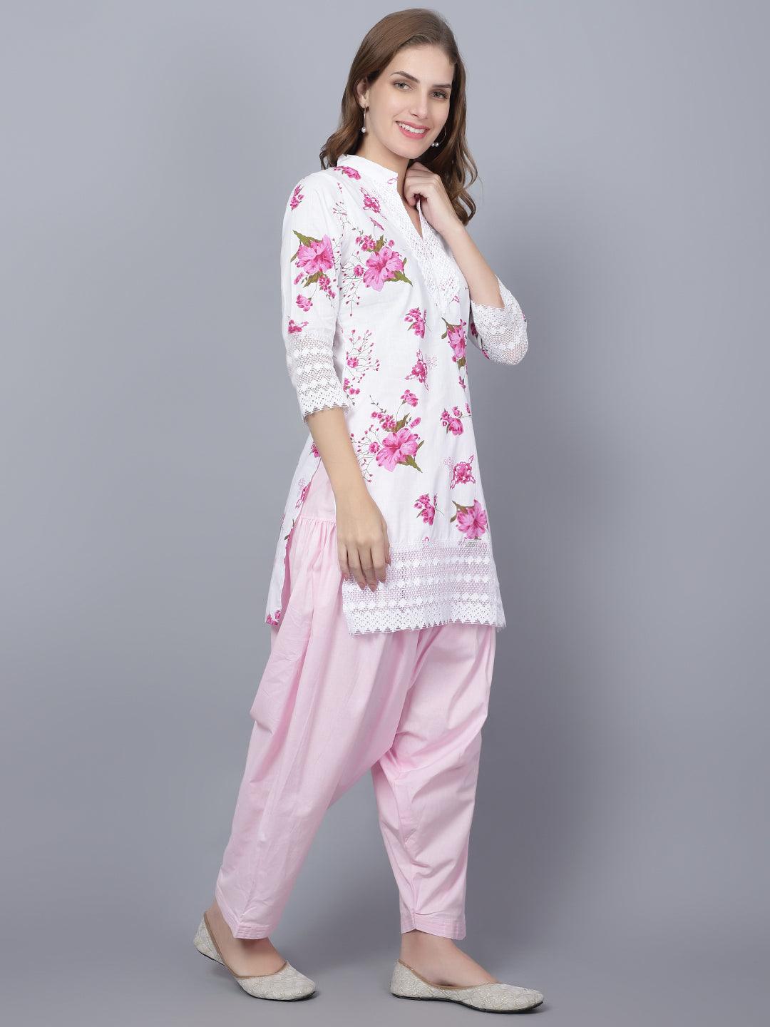 Indian Women Apple Cut Pink Floral Print Pure Cotton Straight Kurta