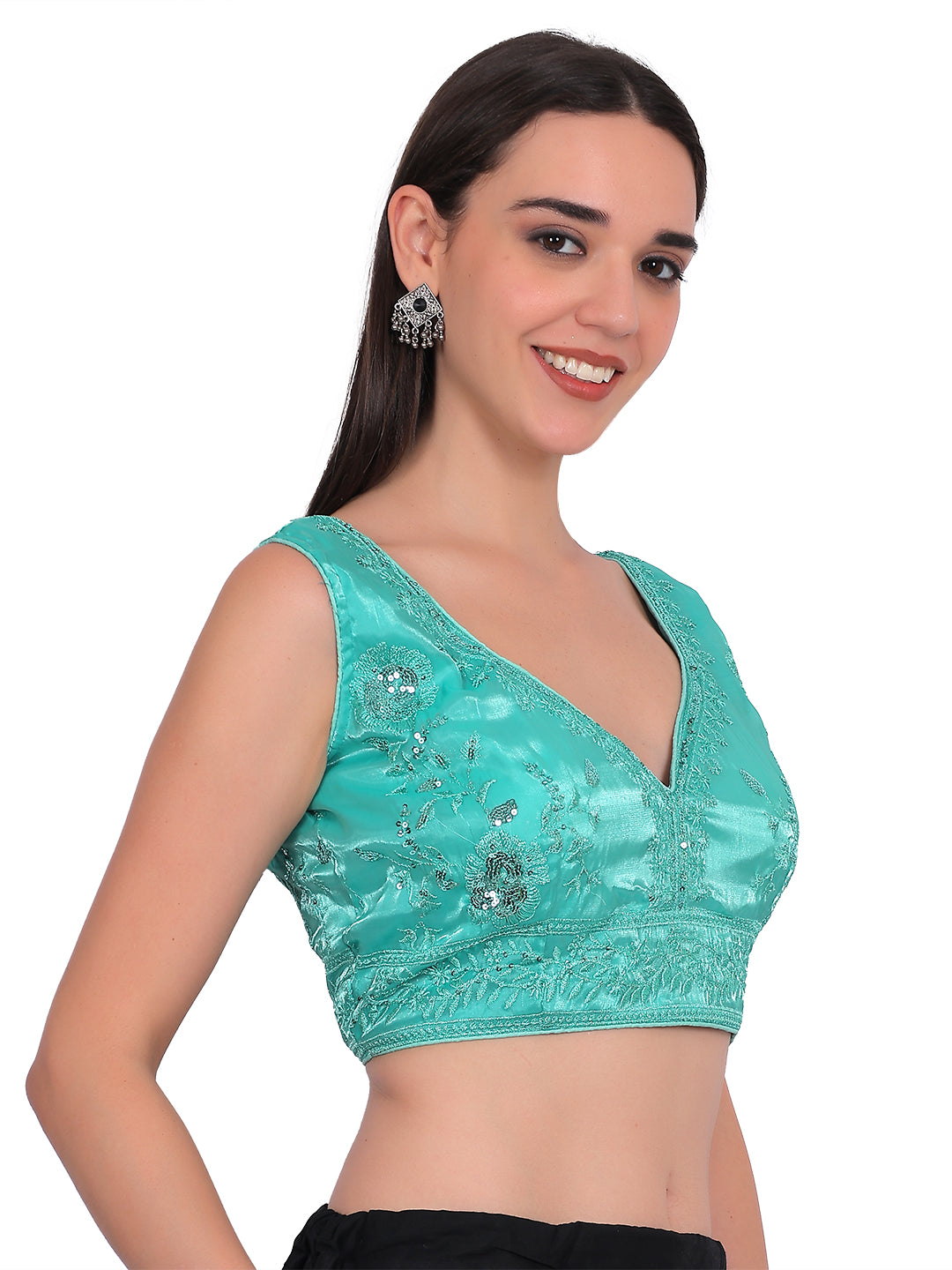 Trendzmy Women Rama Green V-Neck Sleeveless Embroidered Silk Blouse
