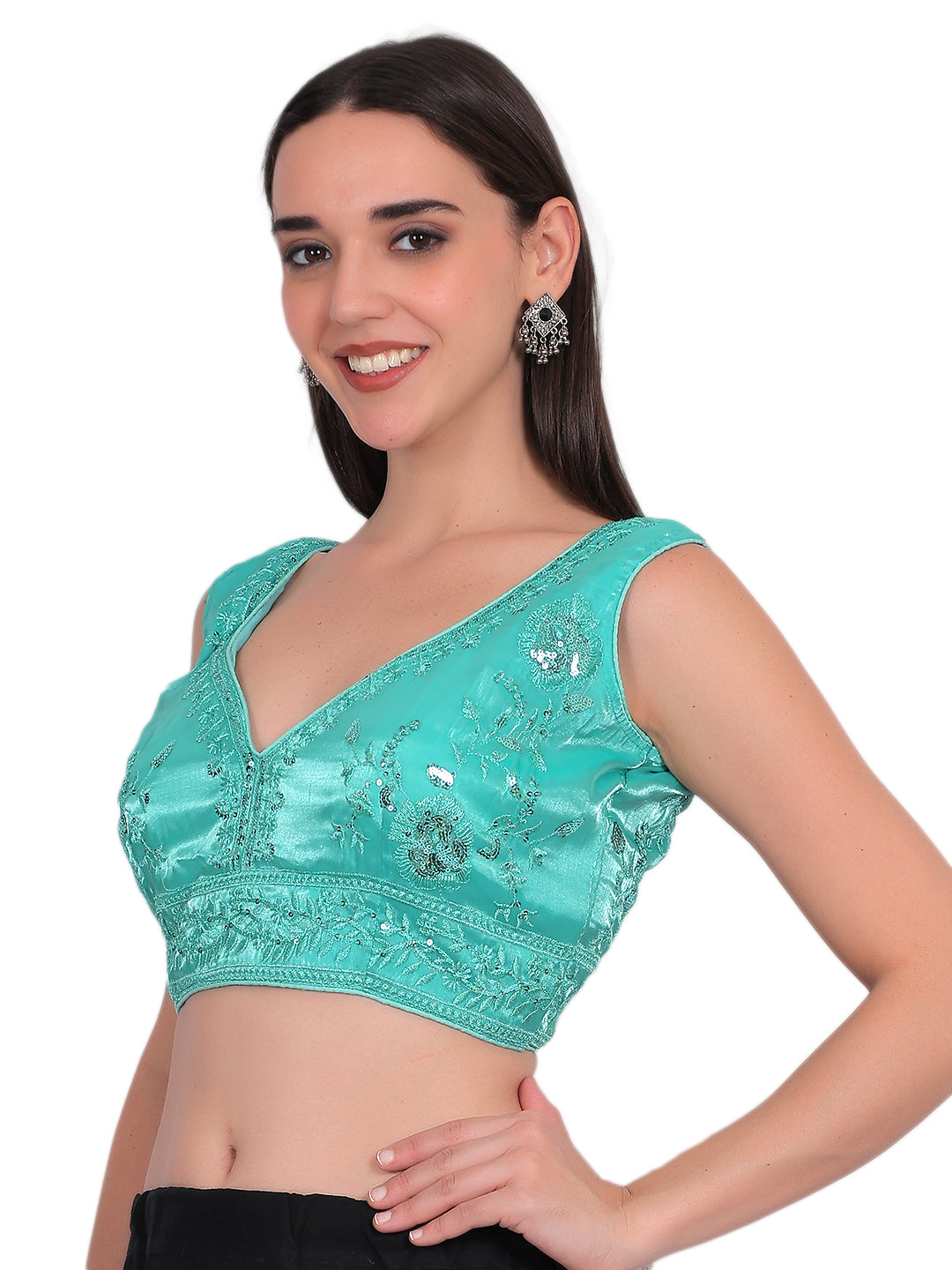 Trendzmy Women Rama Green V-Neck Sleeveless Embroidered Silk Blouse