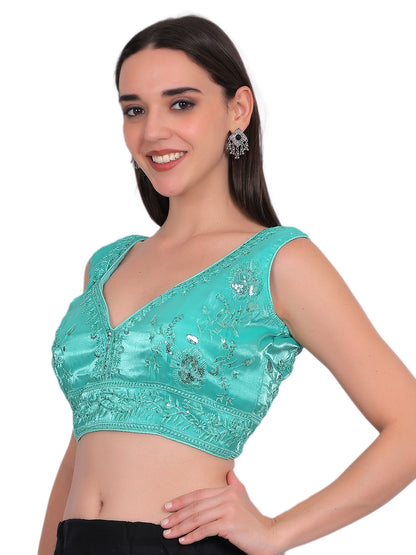 Trendzmy Women Rama Green V-Neck Sleeveless Embroidered Silk Blouse