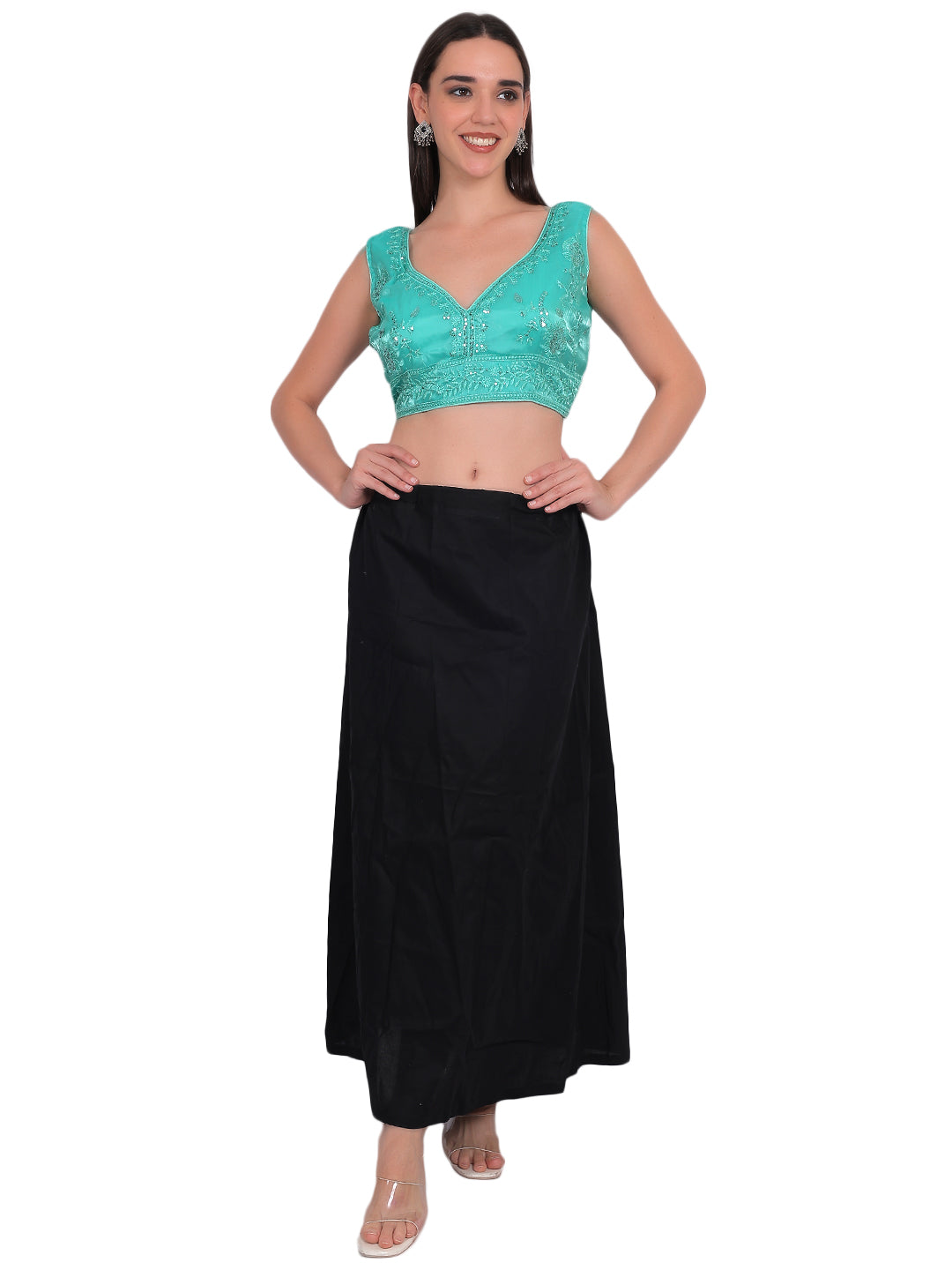 Trendzmy Women Rama Green V-Neck Sleeveless Embroidered Silk Blouse