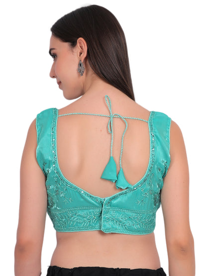 Trendzmy Women Rama Green V-Neck Sleeveless Embroidered Silk Blouse