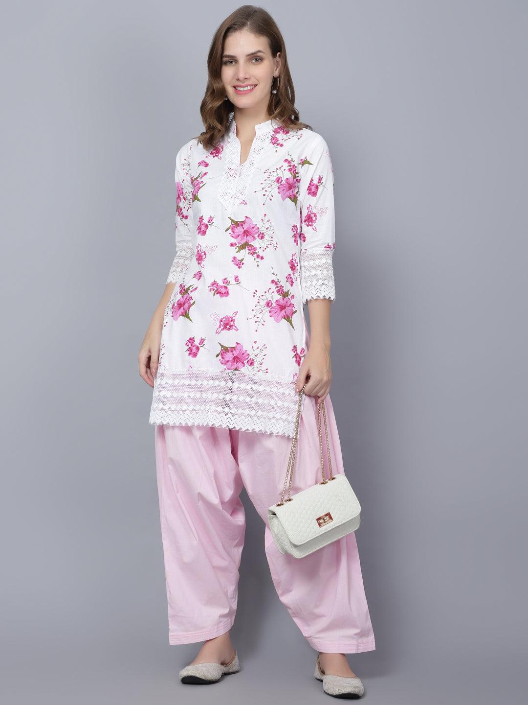 Indian Women Apple Cut Pink Floral Print Pure Cotton Straight Kurta XXXL