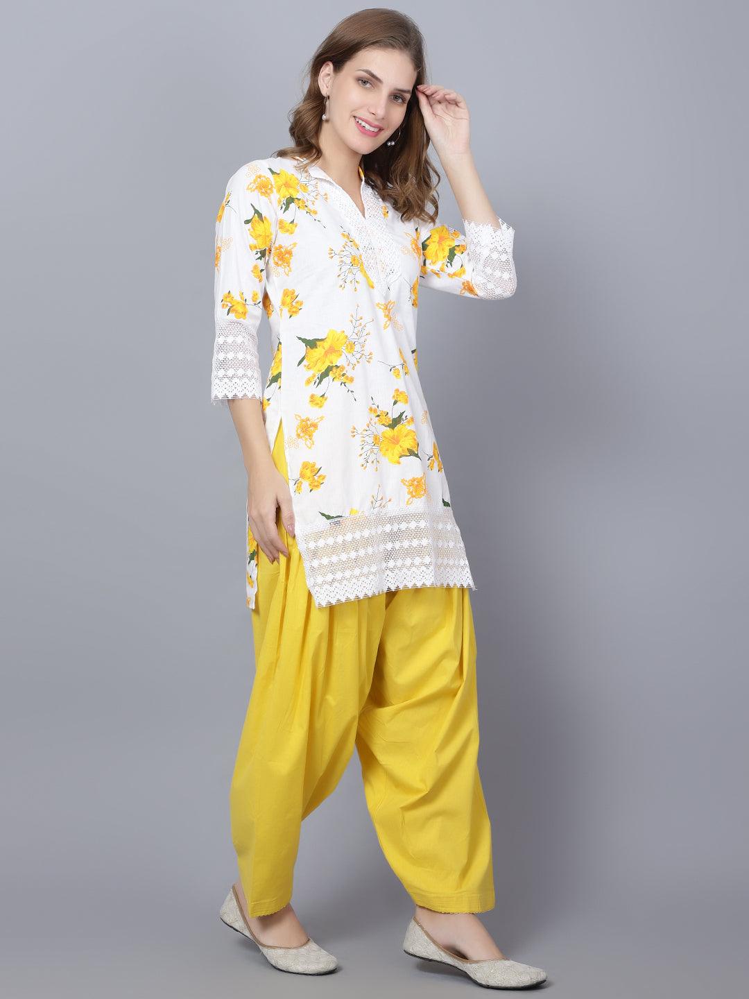 Indian Women Apple Cut Yellow Floral Print Pure Cotton Straight Kurta