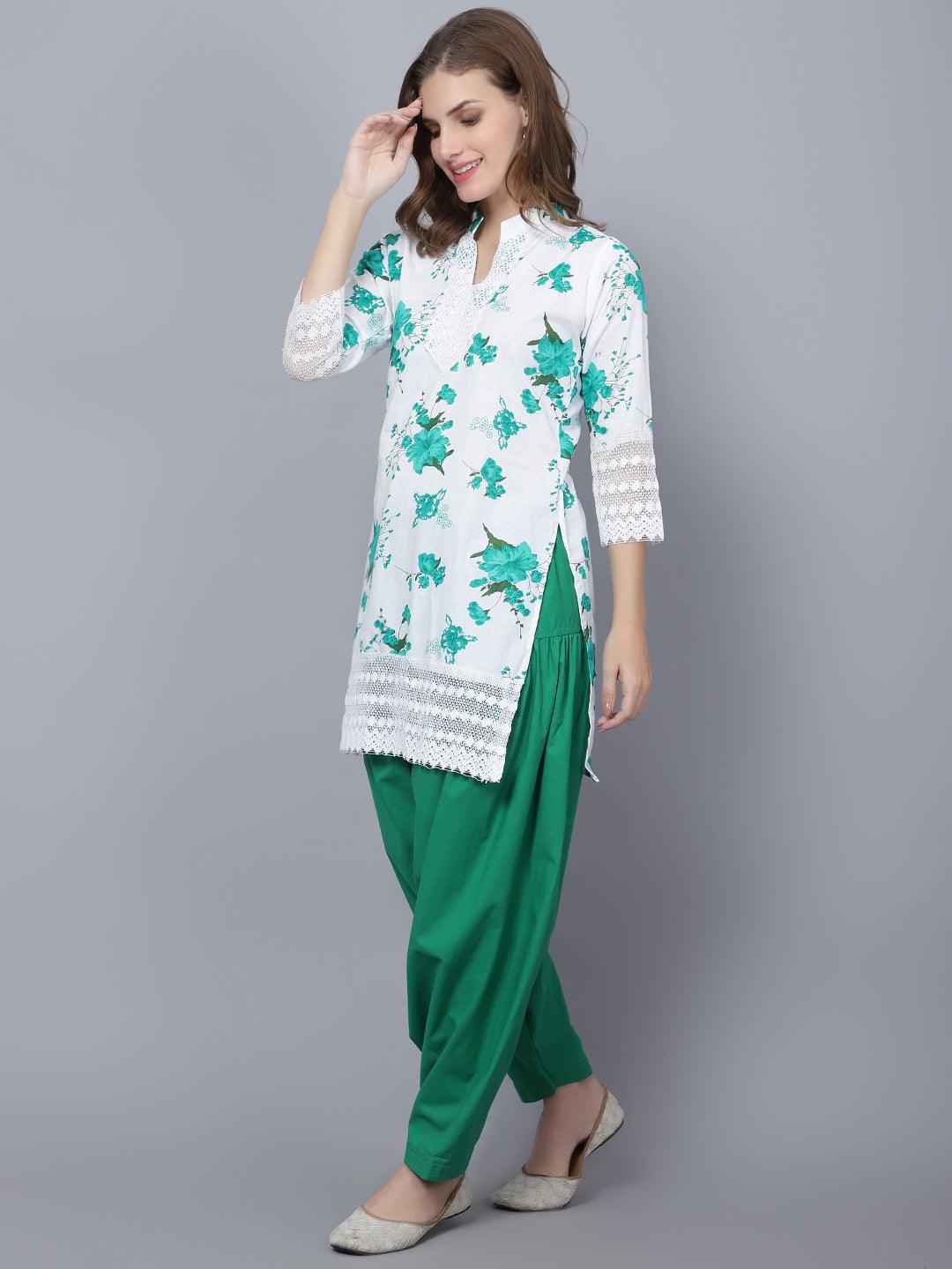 Indian Women Apple Cut Green Floral Print Pure Cotton Straight Kurta