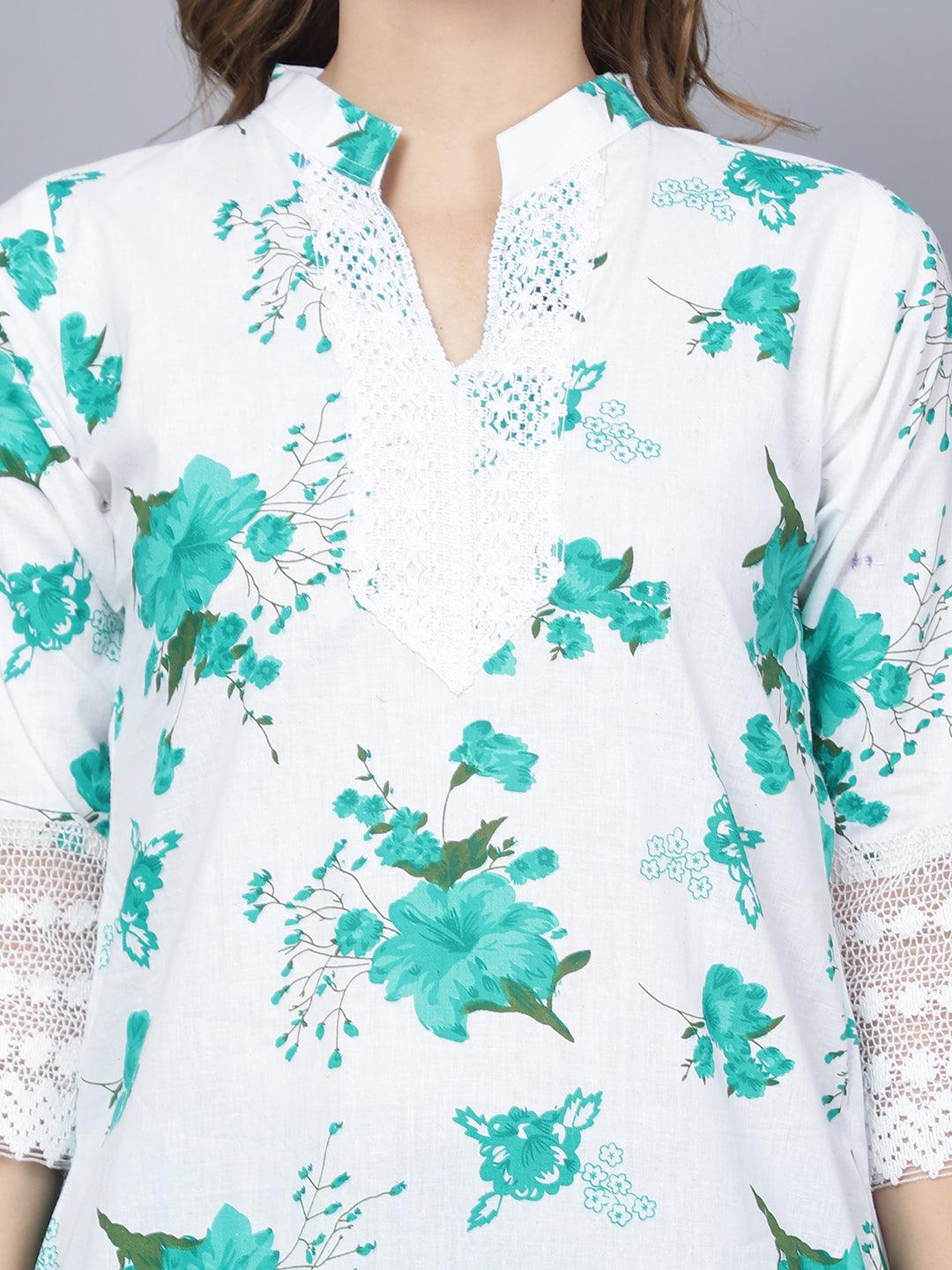 Indian Women Apple Cut Green Floral Print Pure Cotton Straight Kurta