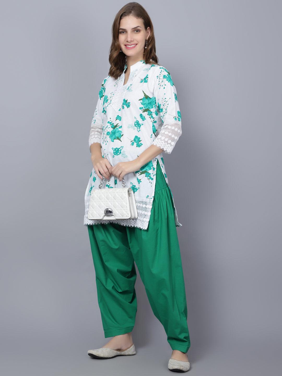 Indian Women Apple Cut Green Floral Print Pure Cotton Straight Kurta XXXL