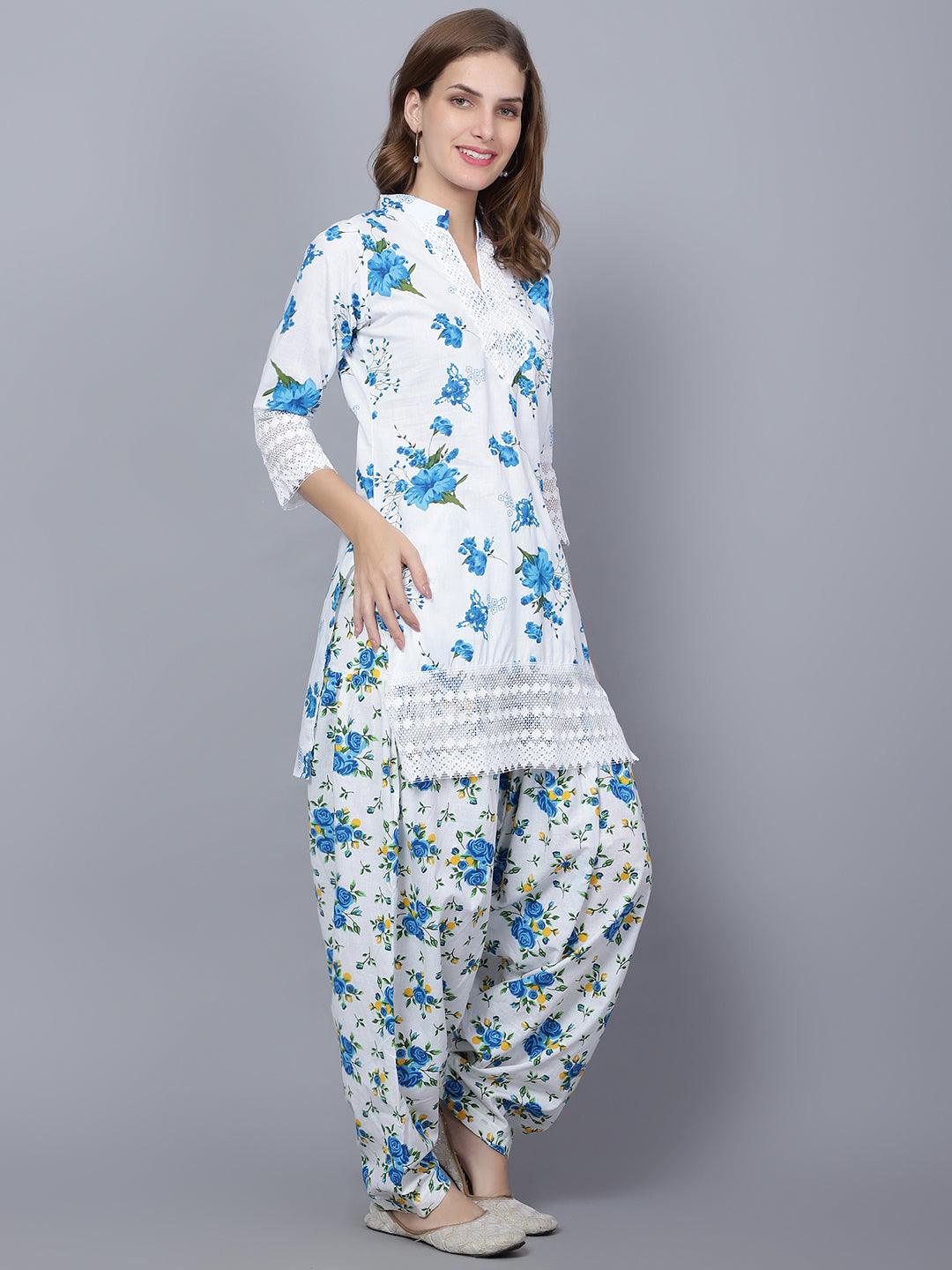 Pack of 2 Set Women Floral Print Cotton Blend Straight Kurta (Green, Blue)