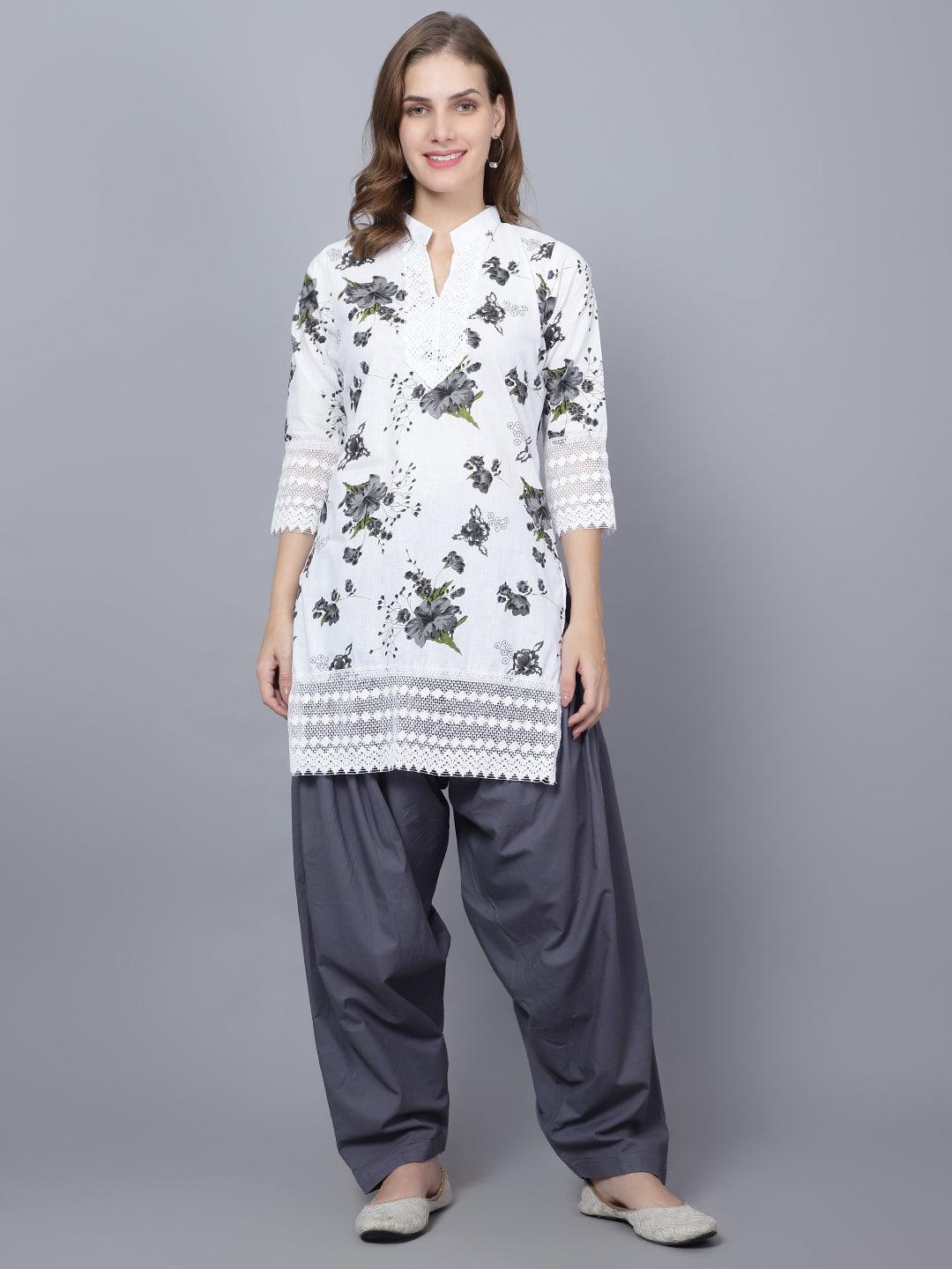 Indian Women Apple Cut Grey Floral Print Pure Cotton Straight Kurta