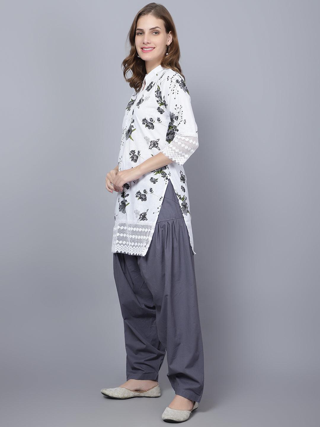 Indian Women Apple Cut Grey Floral Print Pure Cotton Straight Kurta