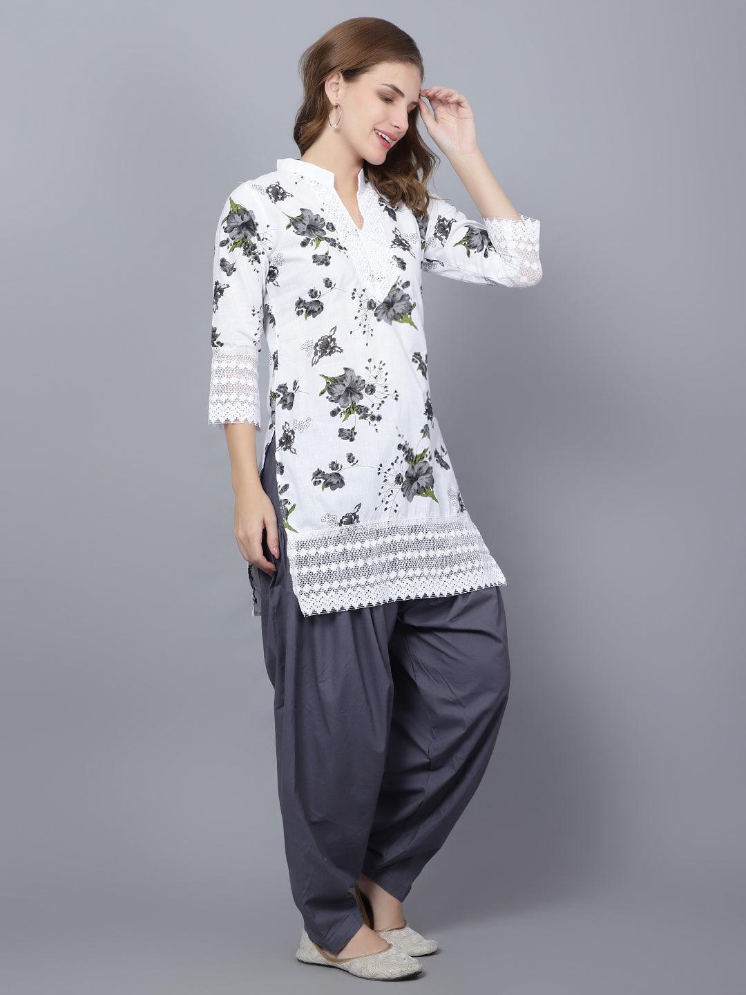 Indian Women Apple Cut Grey Floral Print Pure Cotton Straight Kurta