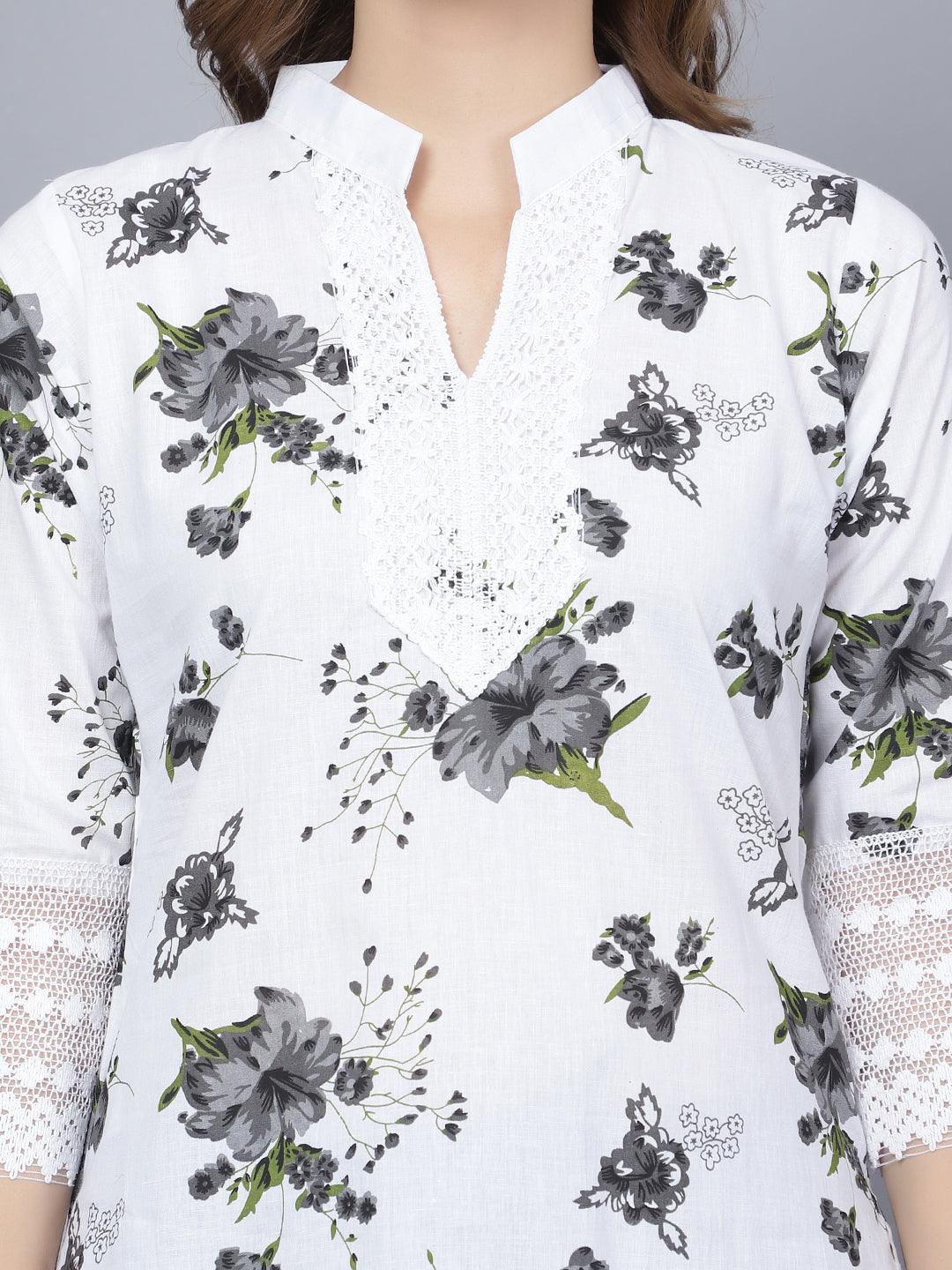 Women Apple Cut Grey Floral Print Pure Cotton Straight Kurta Set