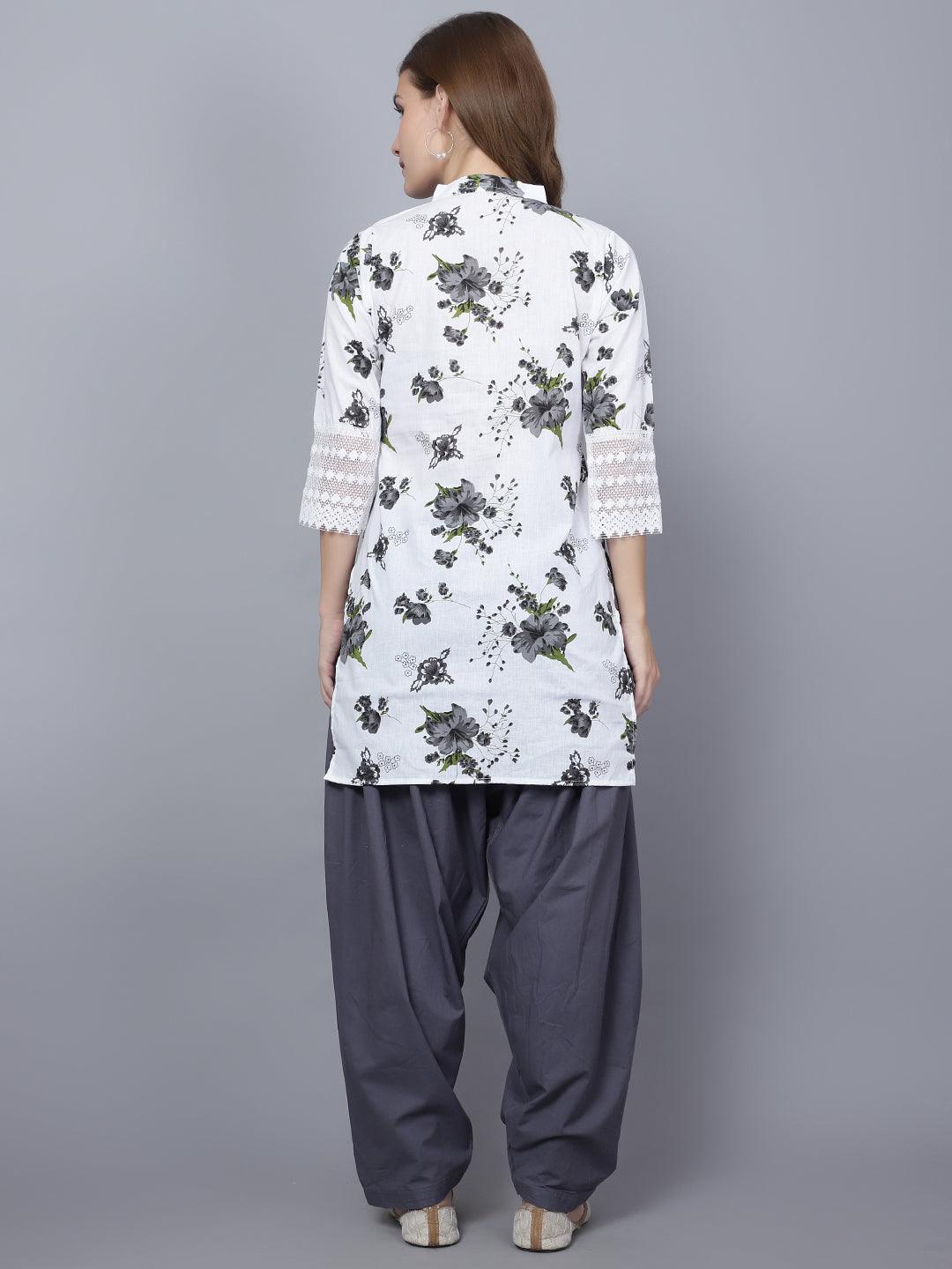 Indian Women Apple Cut Grey Floral Print Pure Cotton Straight Kurta