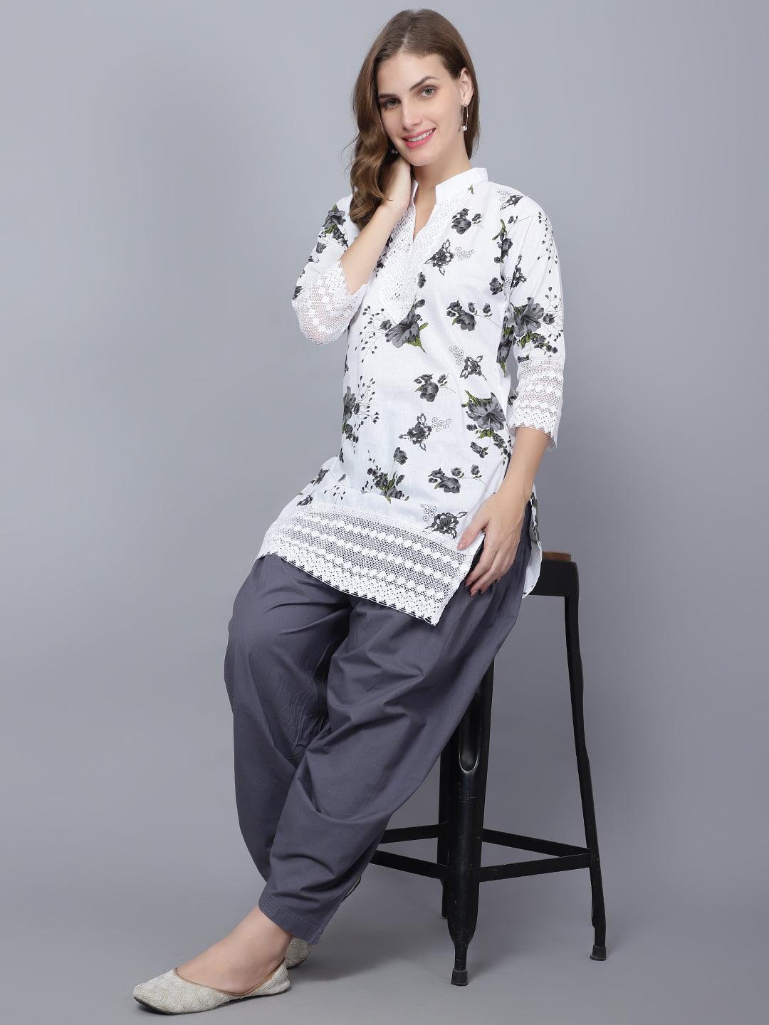 Indian Women Apple Cut Grey Floral Print Pure Cotton Straight Kurta XXXL