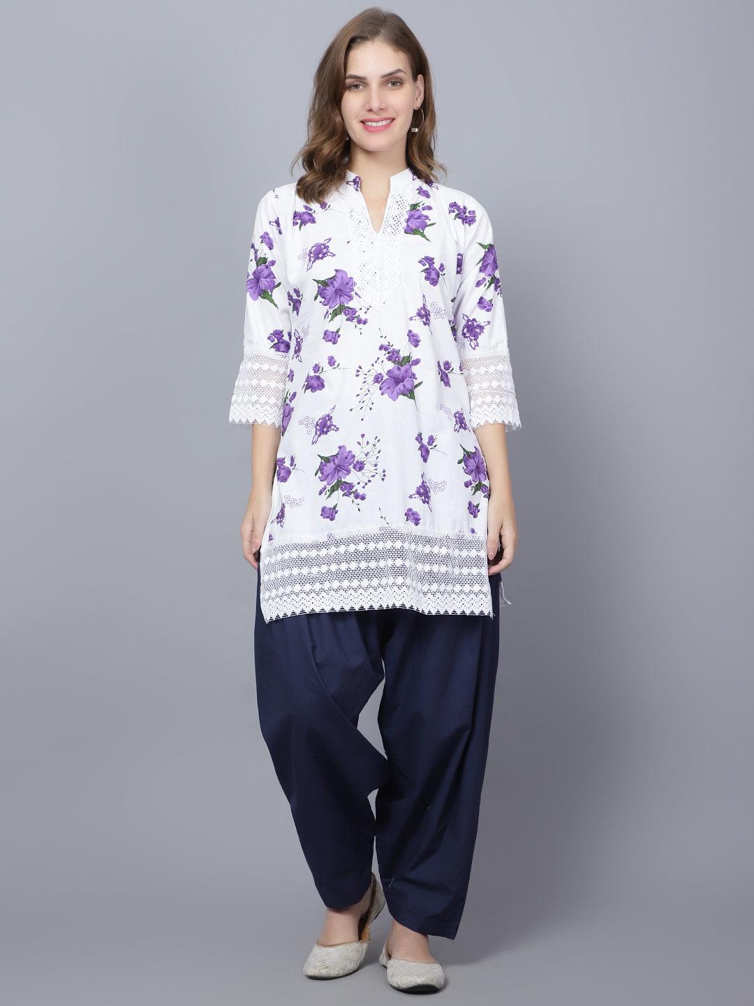 Women Apple Cut Purple Floral Print Pure Cotton Straight Kurta Set