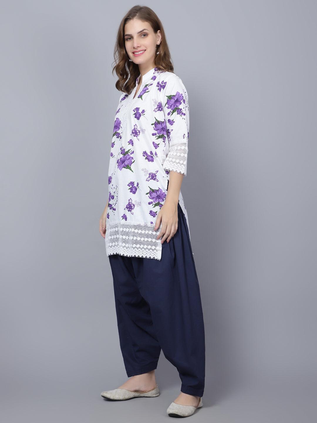 Inadin Women Apple Cut Purple Floral Print Pure Cotton Straight Kurta