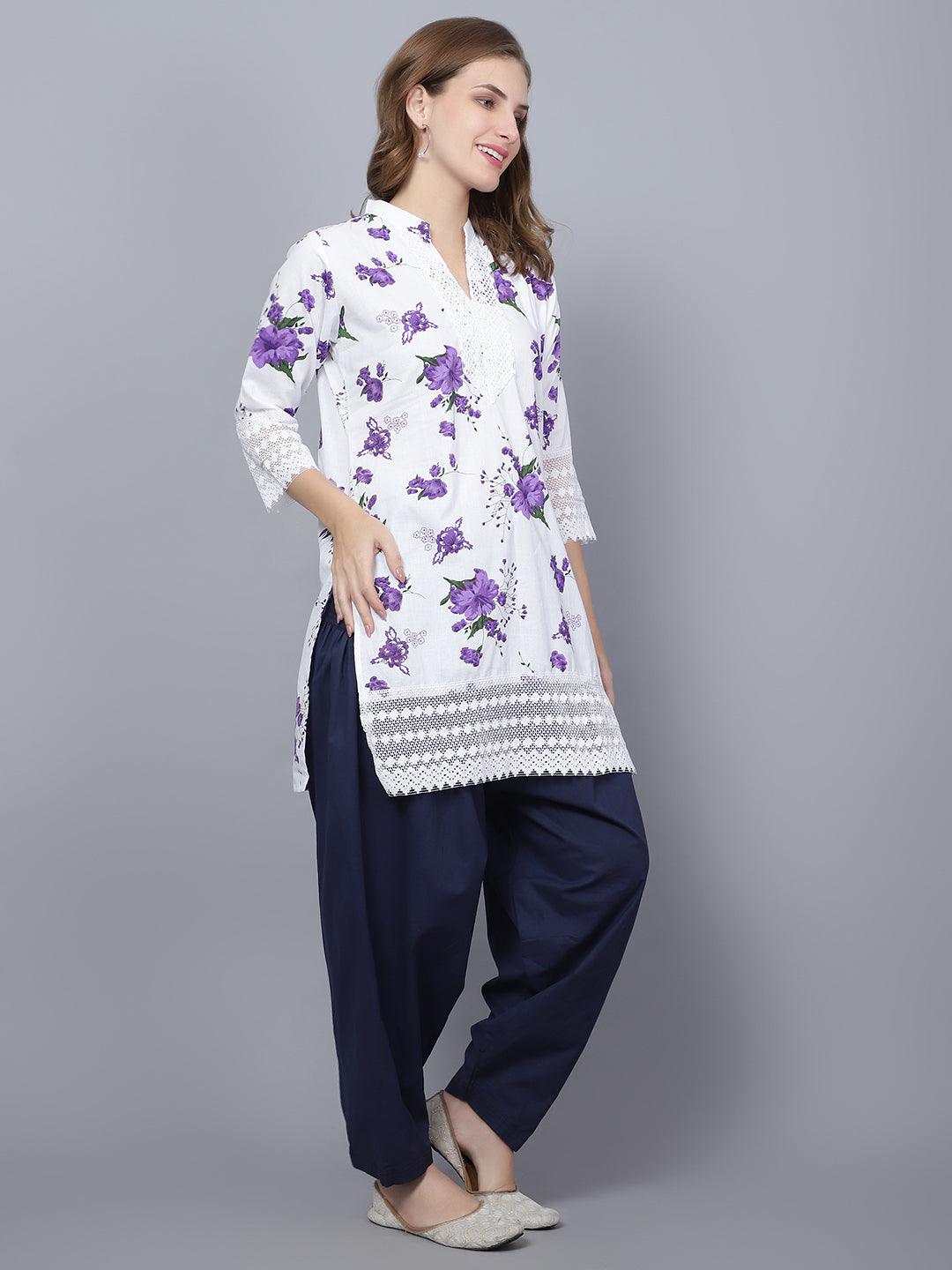 Inadin Women Apple Cut Purple Floral Print Pure Cotton Straight Kurta