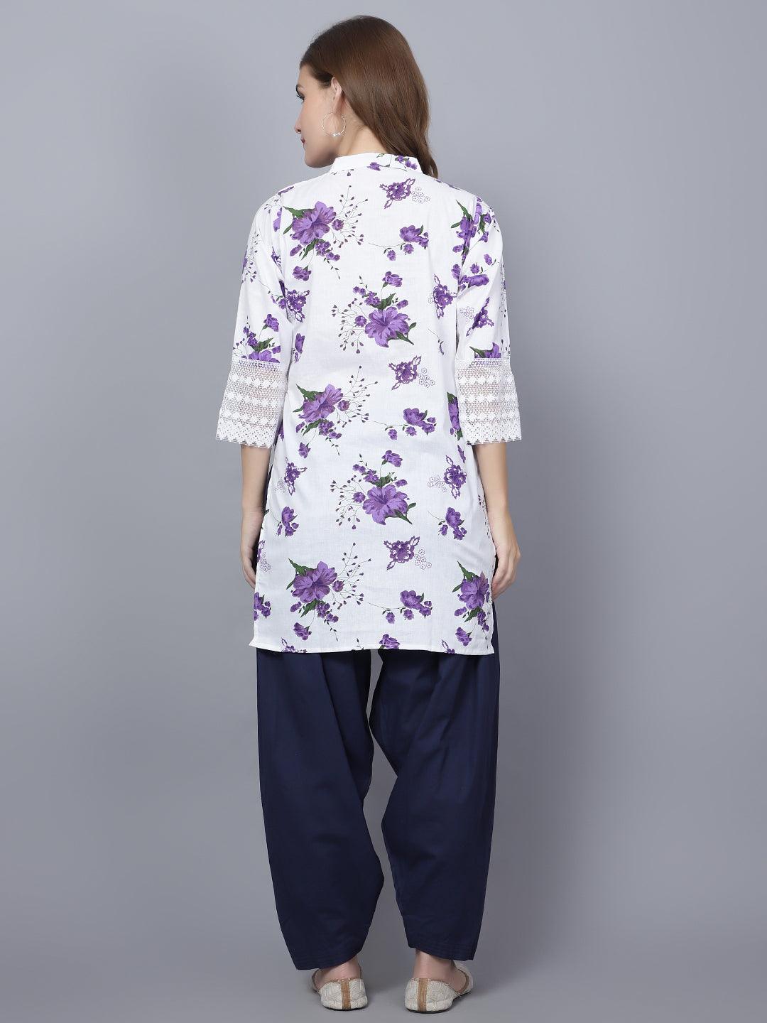 Inadin Women Apple Cut Purple Floral Print Pure Cotton Straight Kurta